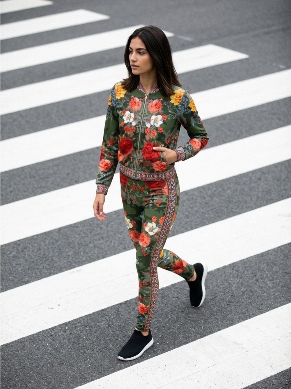 Jealous Tomato Olive Green Floral Bomber Jacket & Legging Set